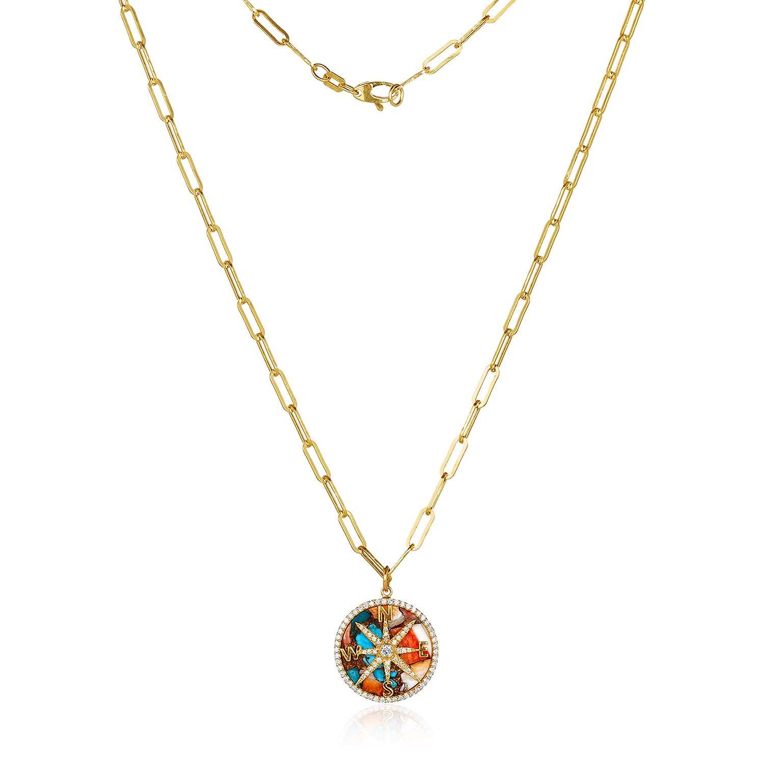Oyster Turquoise Compass Necklace-14k