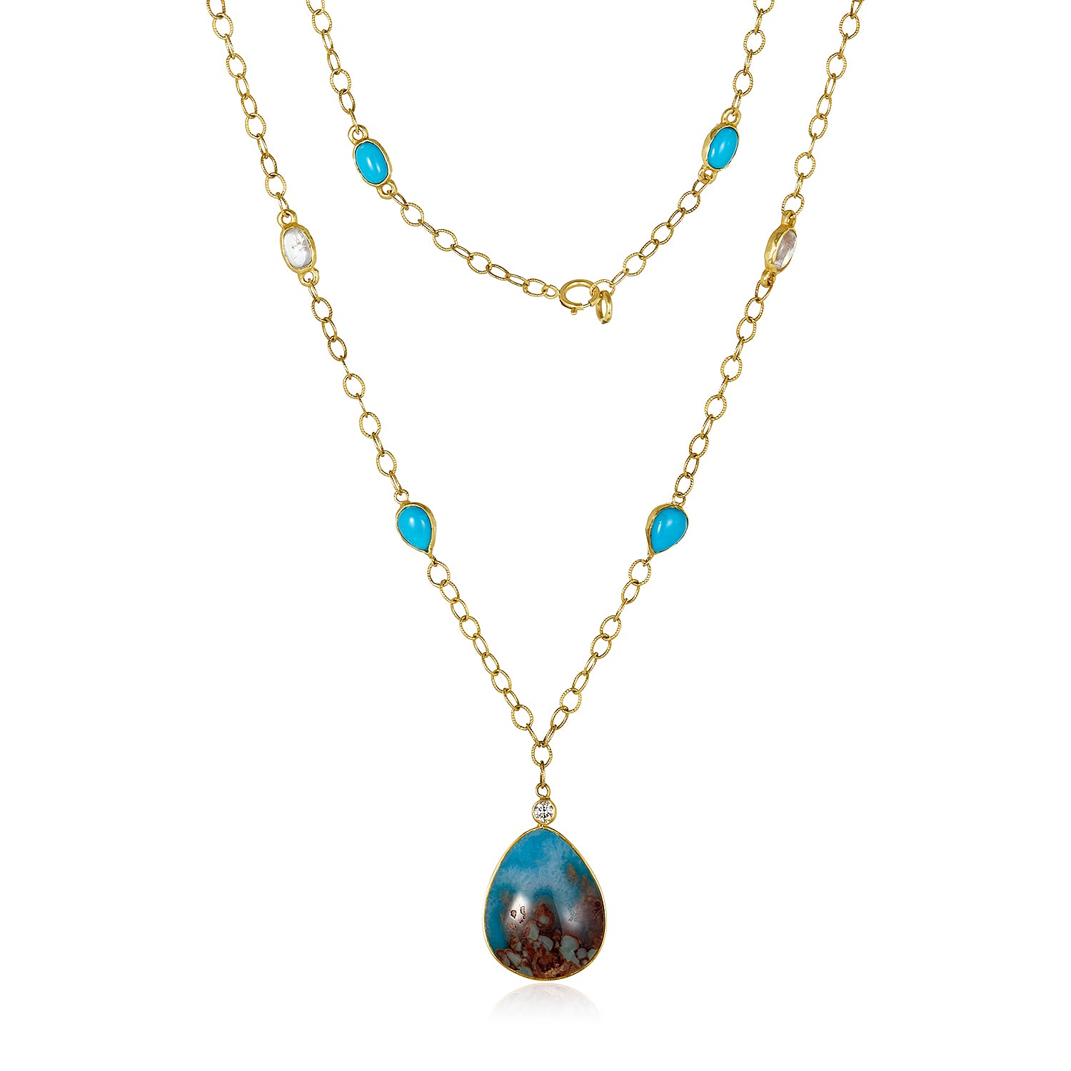 Teardrop Enamel Turquoise Pendant Necklace in 14k