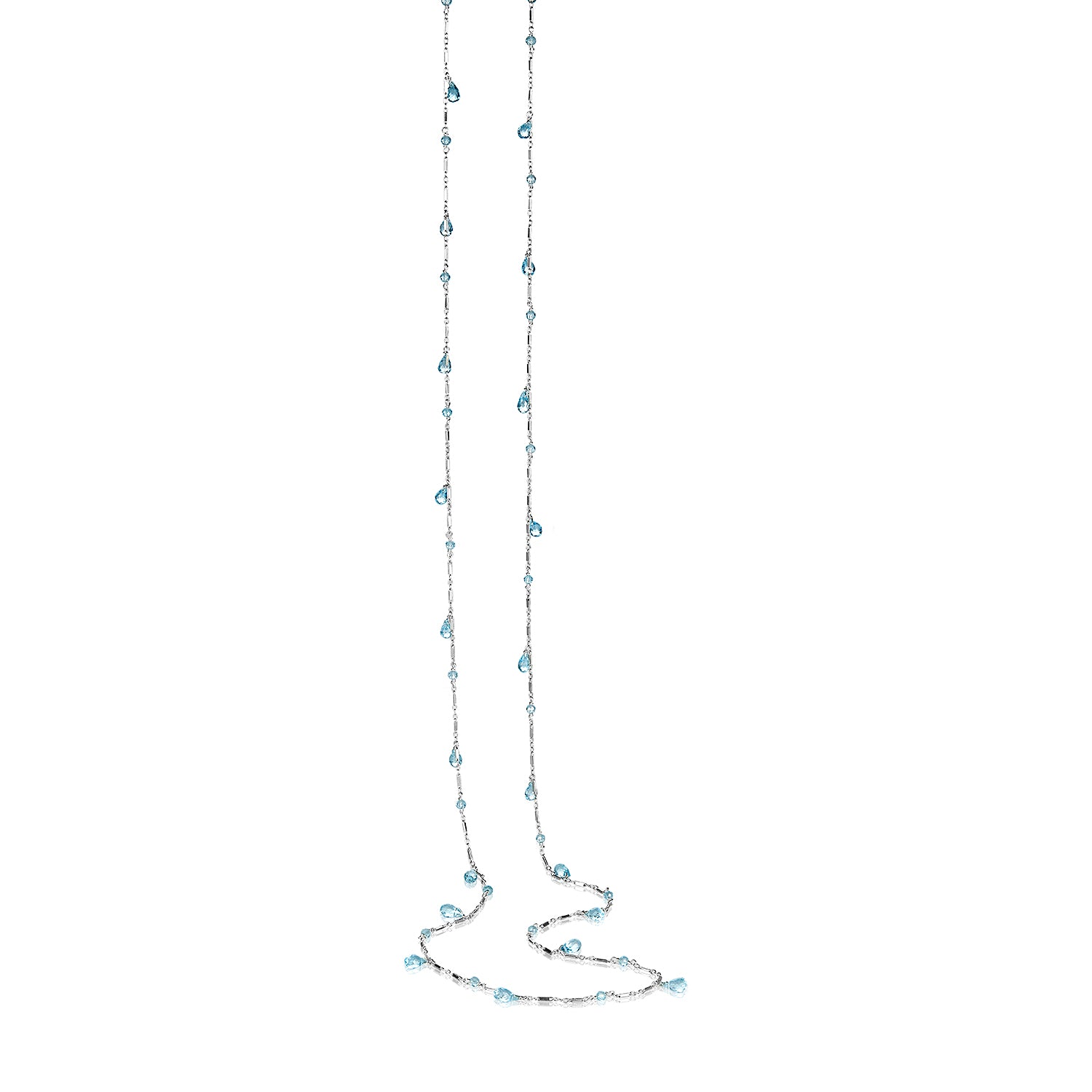 Blue topaz teardrop section silver long necklace
