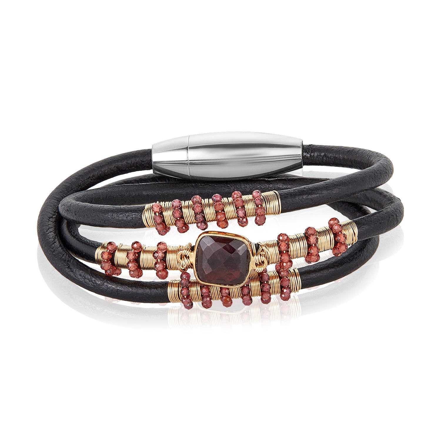 Triple slim Garnet Leather Bracelet