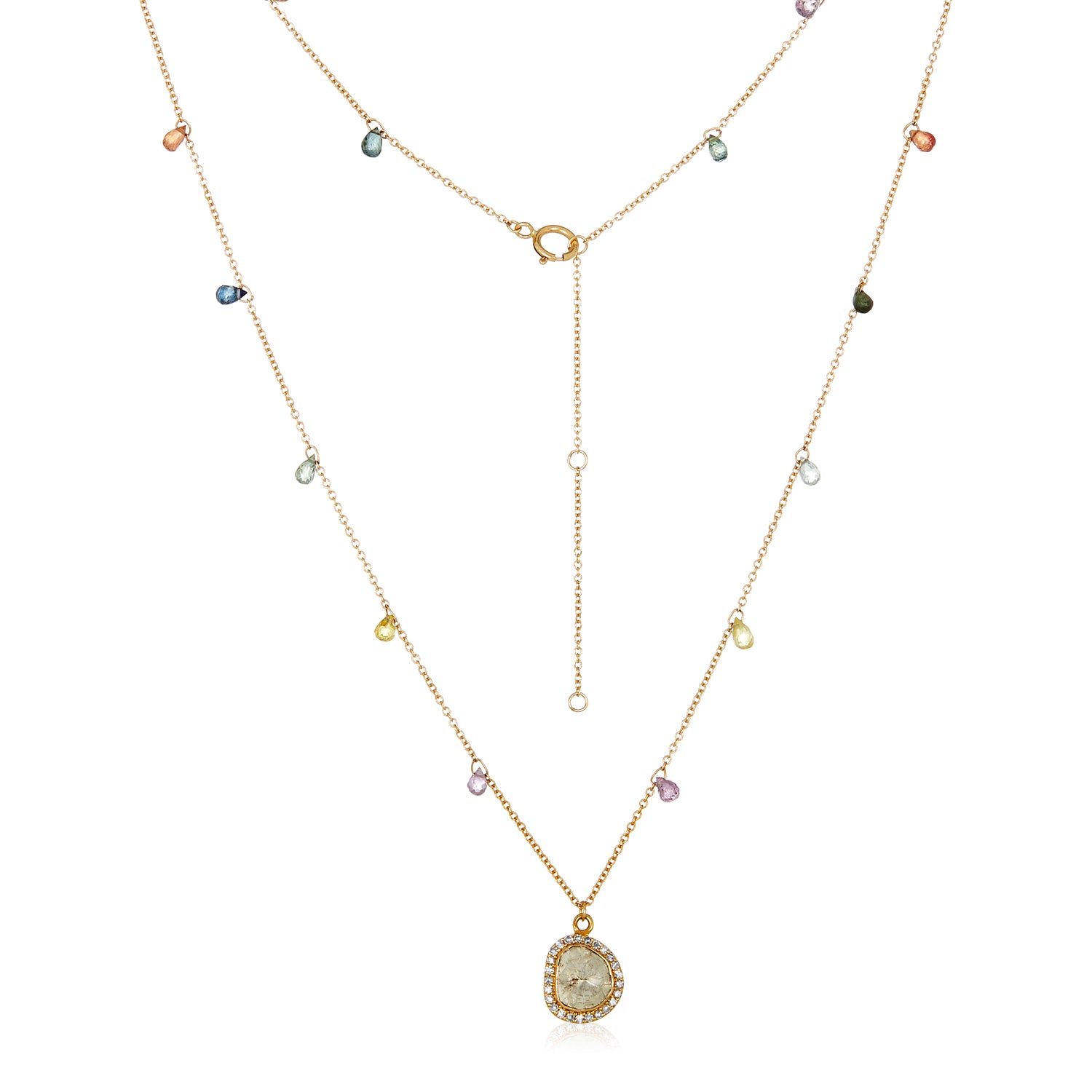 Rainbow Sapphire Necklace With Diamond Halo Pendant in 14k