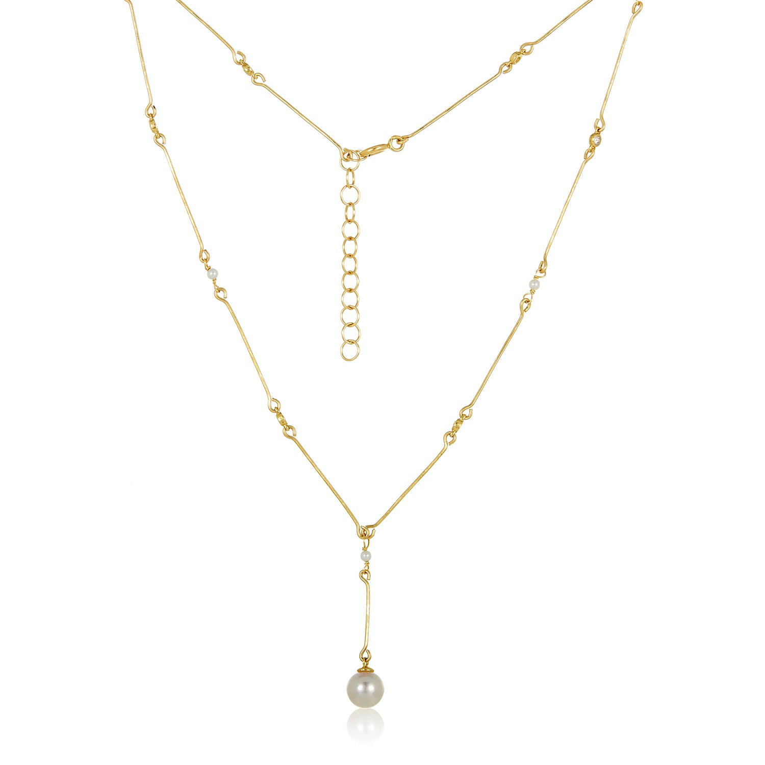 Hammered Chain with Pearl and Diamond Necklace in 14k