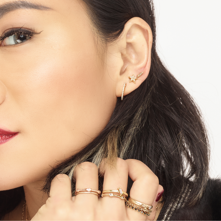 Star Or Moon Pave Diamonds Studs 14K