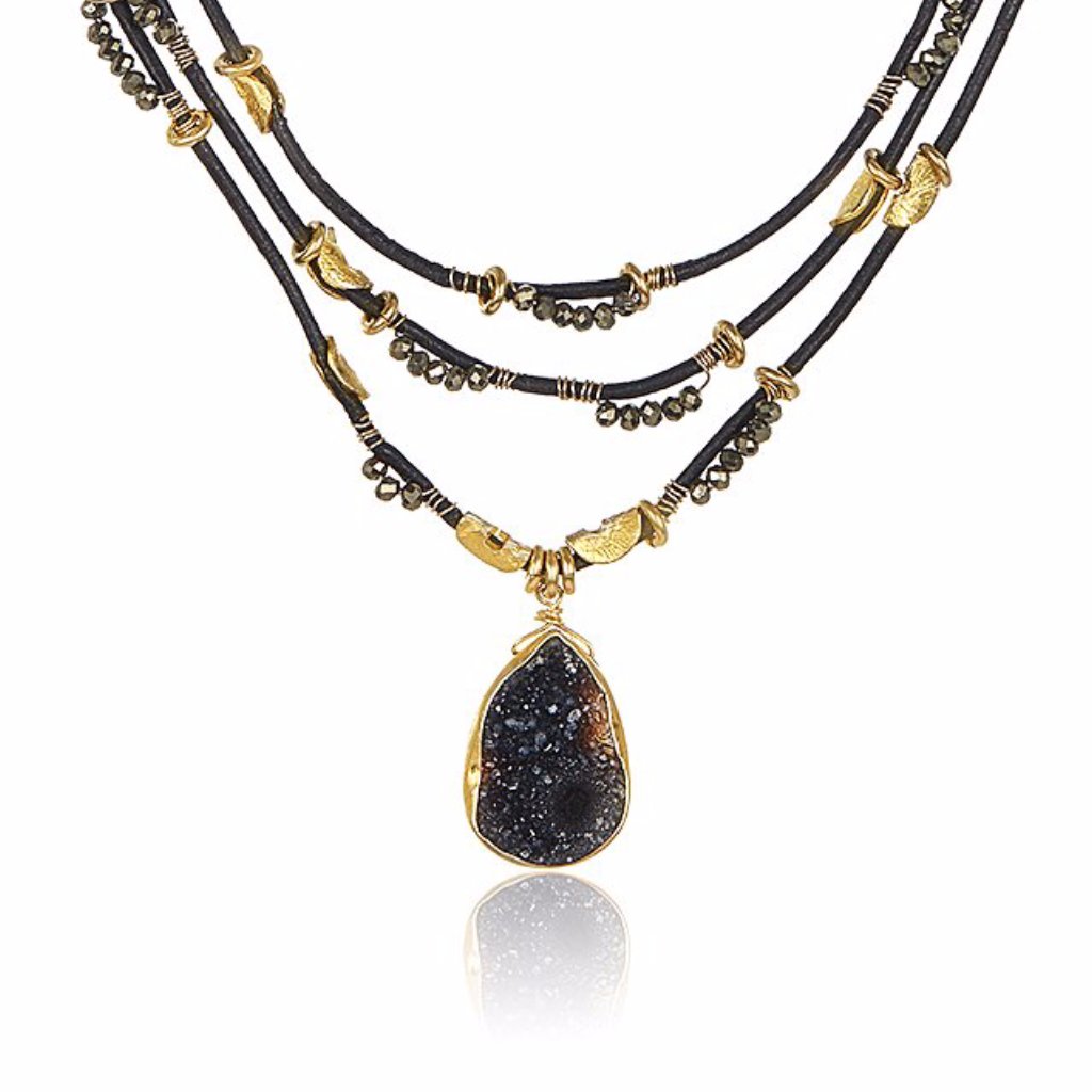 Trio Leather Half Moon Necklace - black druzy