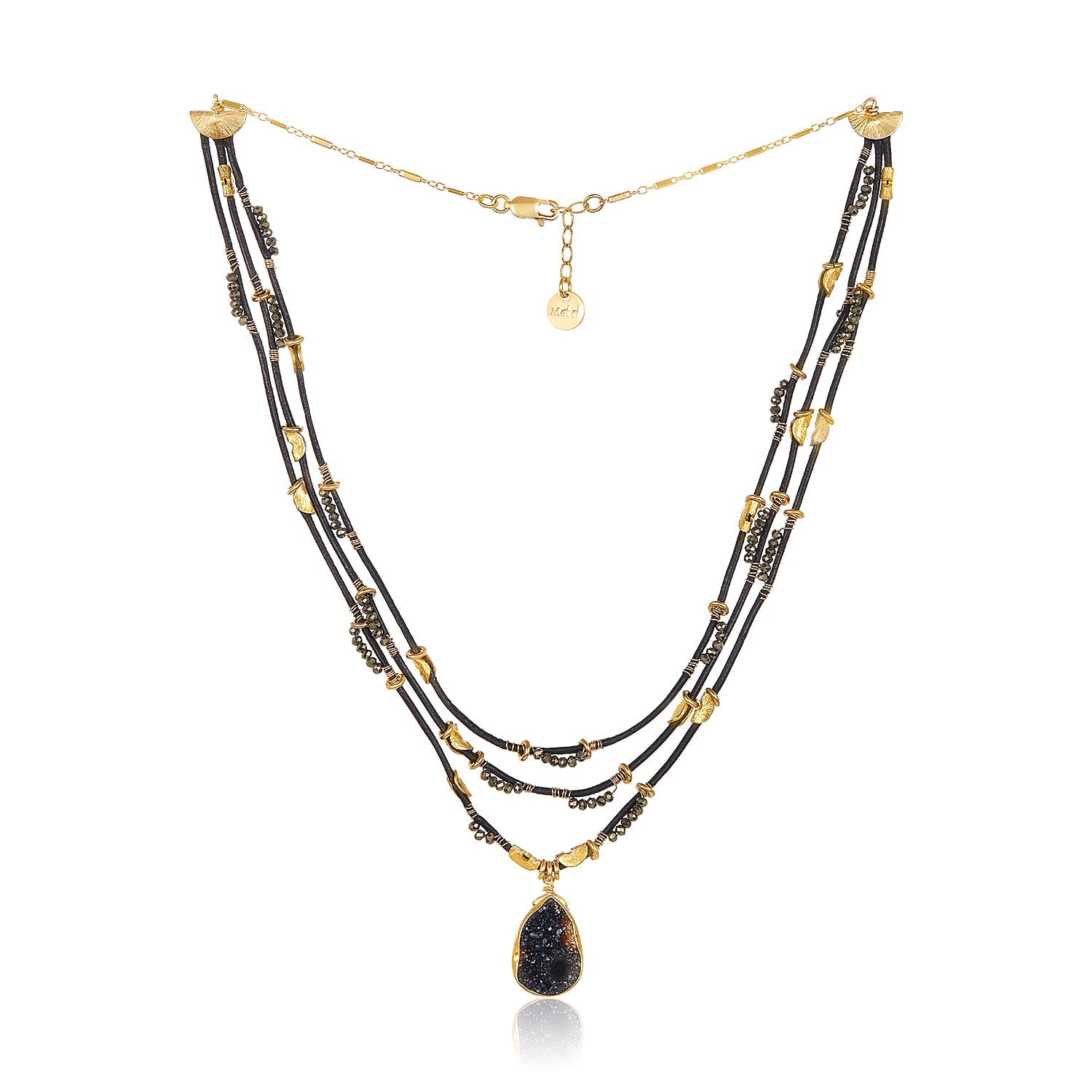 Trio Leather Half Moon Necklace - black druzy