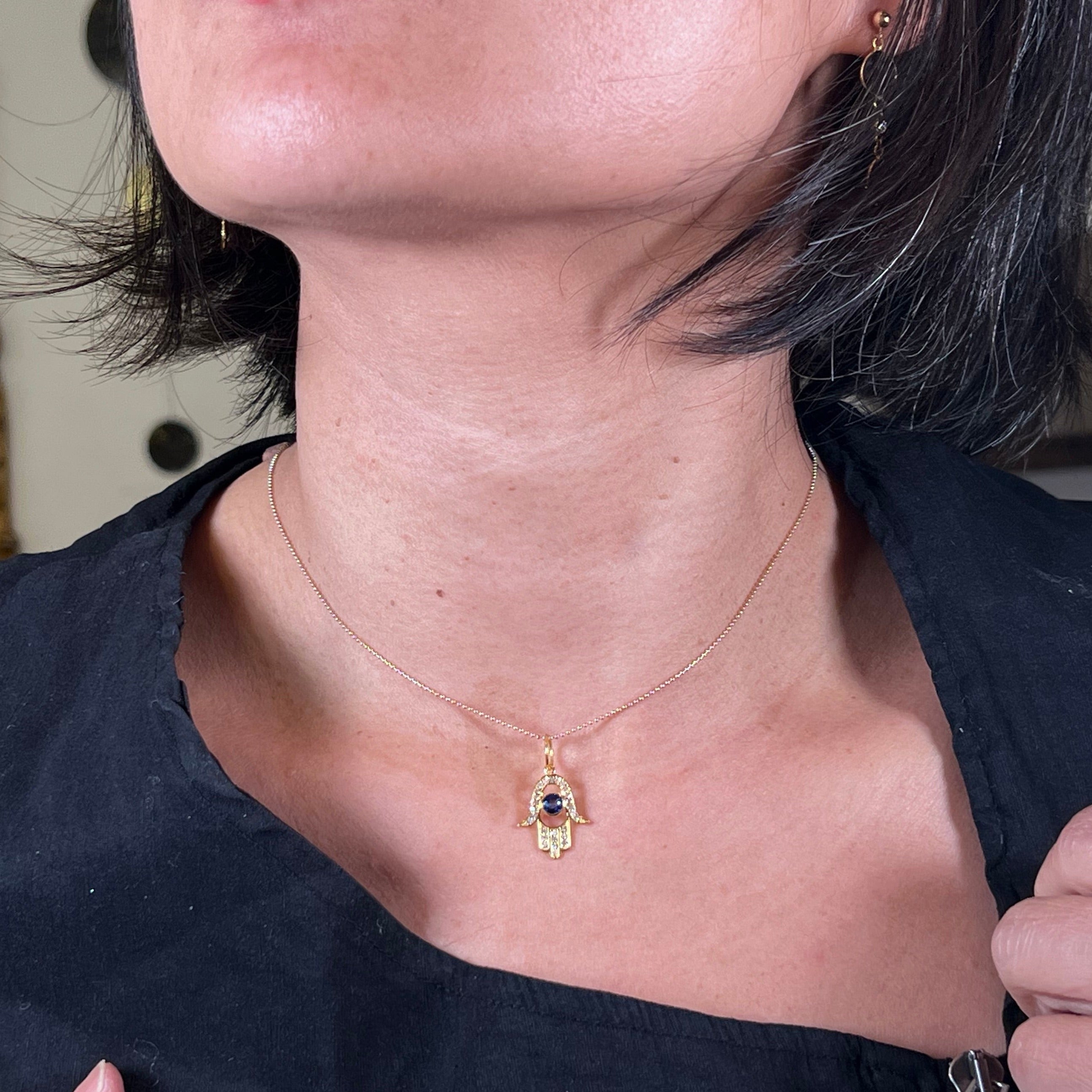 Sapphire Diamond Hamsa Hand Pendant Necklace 14K