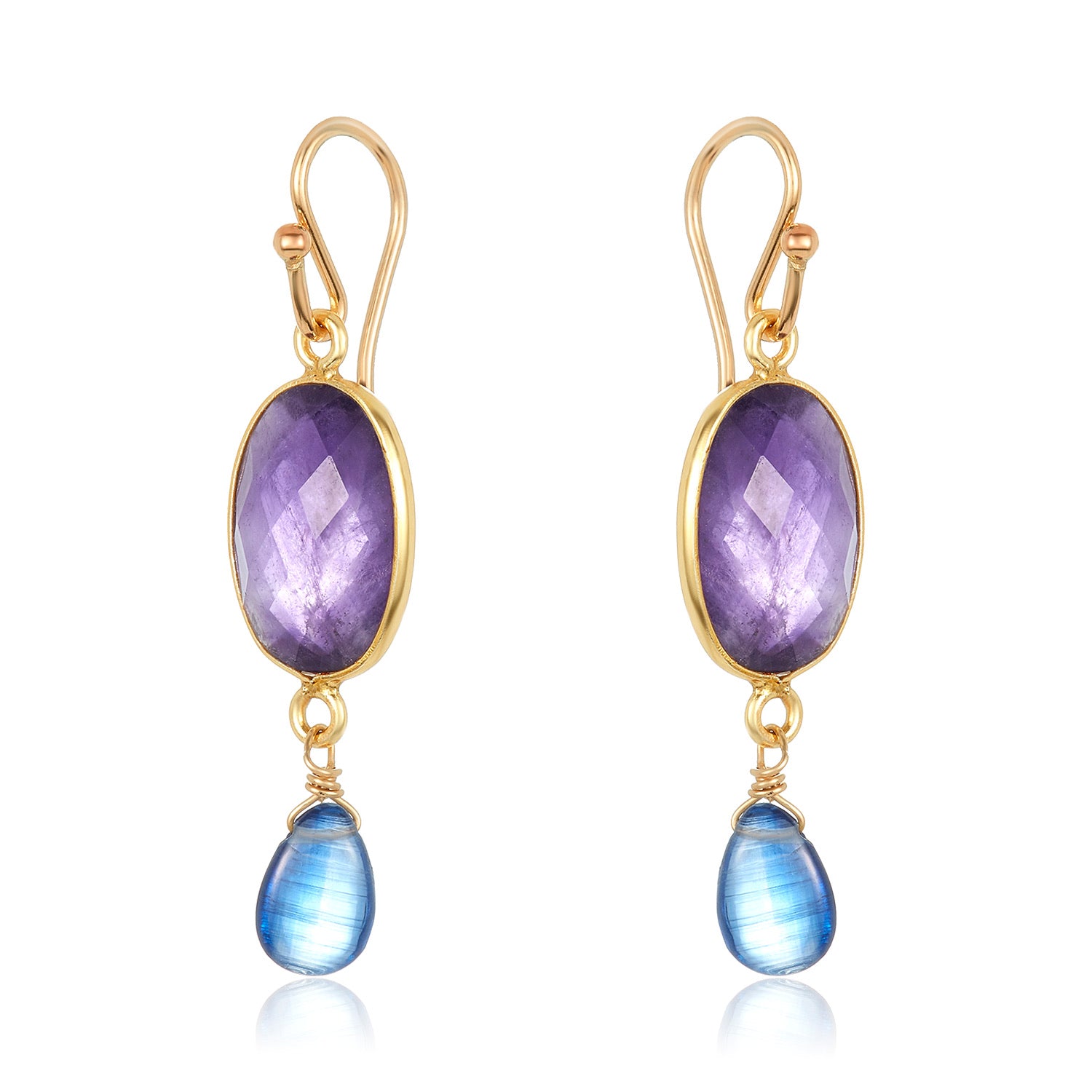Oval Bezel Set Drop Earrings - Amethyst & Kyanite