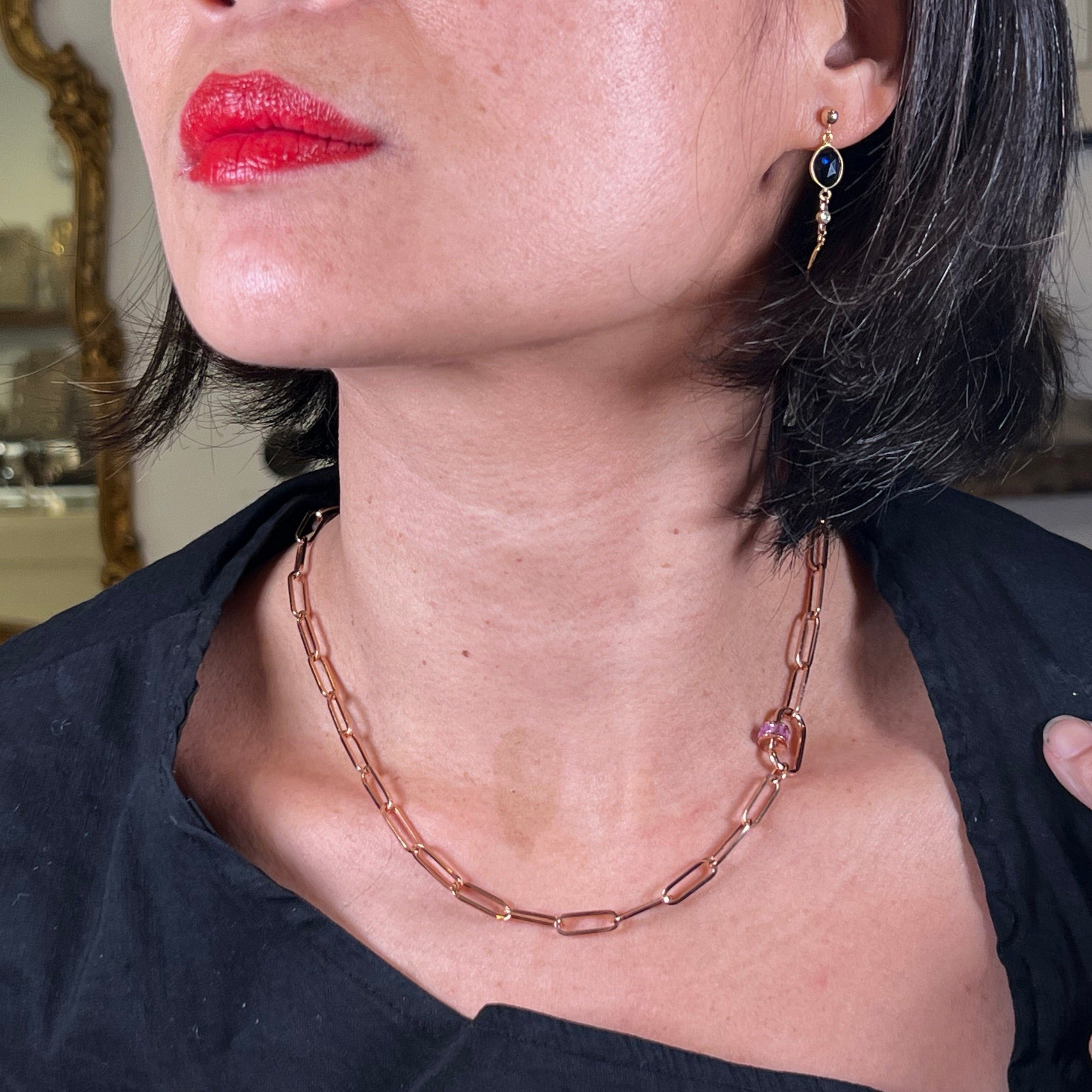 Pink Tourmaline Carabiner Necklace in 14k