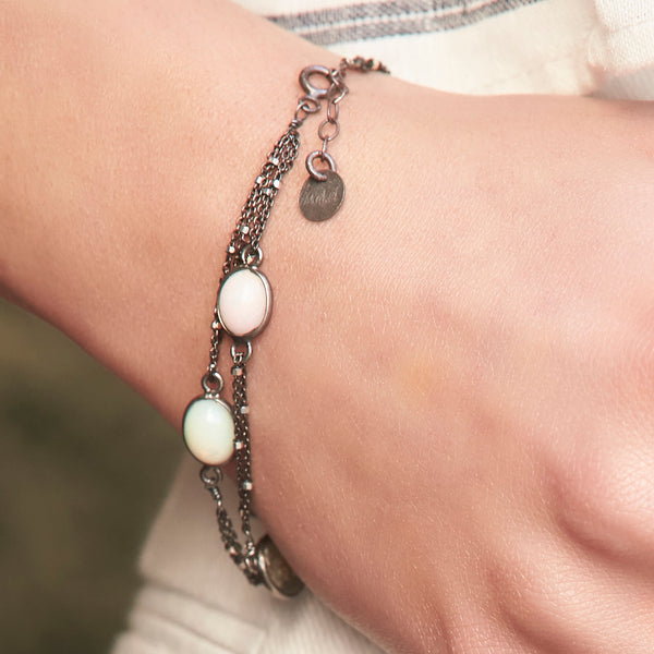 Double Thin Gem Wired Leather Bracelet Moonstone by Mabel Chong | Unique Handmade Bracelets | Fine Jewelry for Women