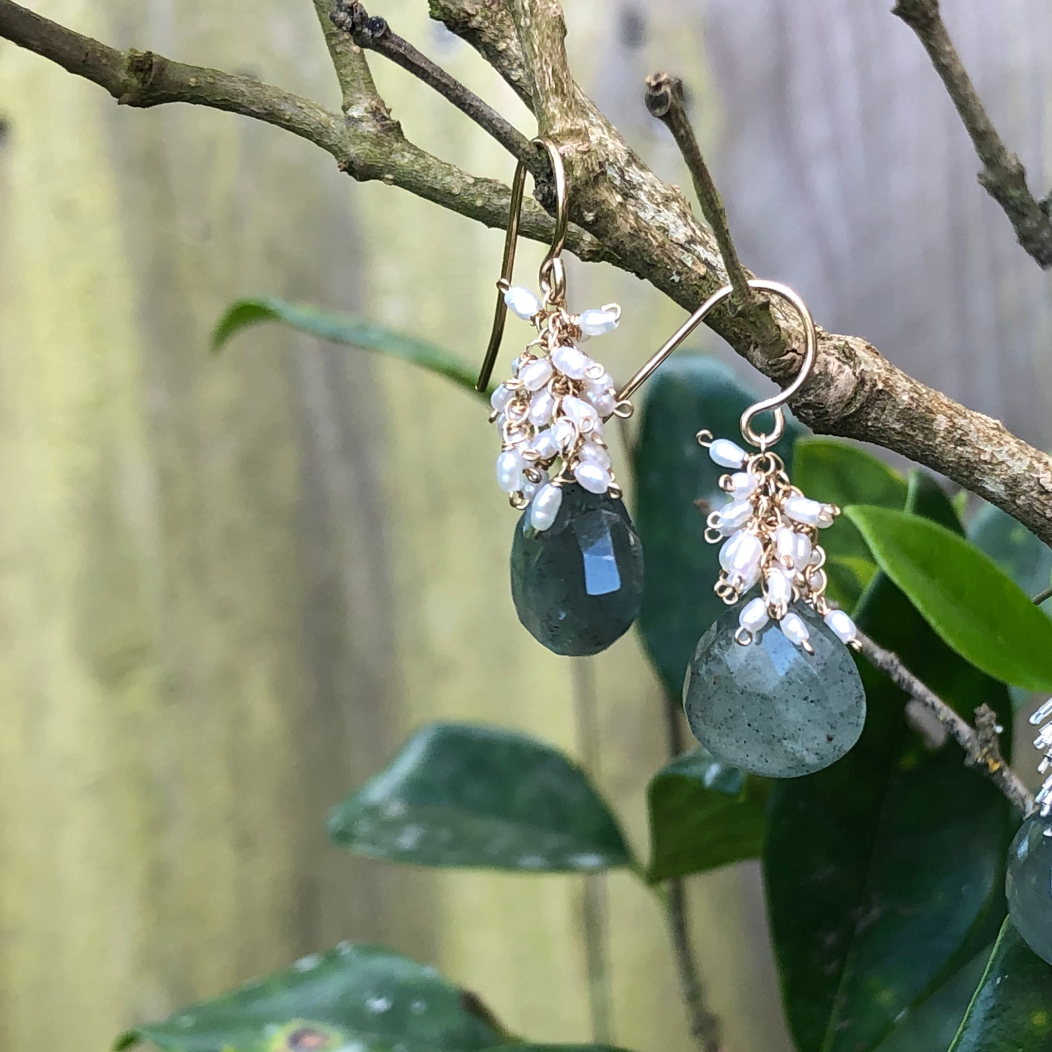 Pearl Cluster Aquamarine Earrings
