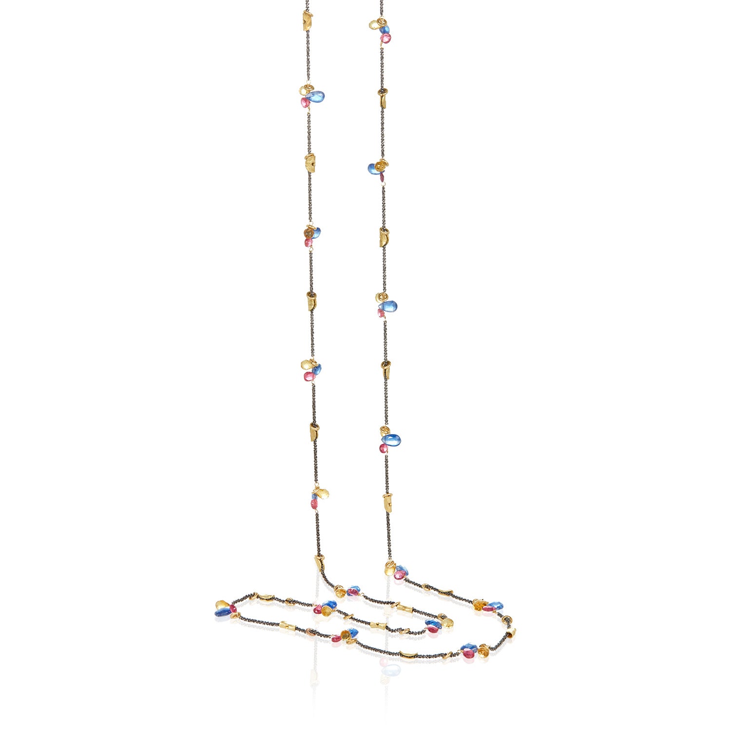 Half Moon Petal Mixed Color Gem Silver Long Necklace